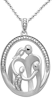 Jewelili Parent and Child Family Necklace Pendant with Natural White Round Diamonds 1/10 Cttw in Sterling Silver or Rose or Yellow Gold Over Silver 18" Cable Chain