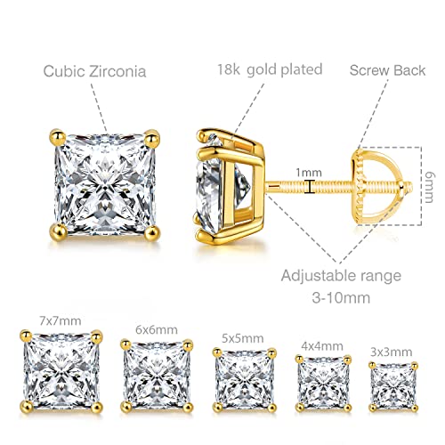 18K Gold Plated Princess Cut Cubic Zirconia Screw Back Stud Earring Pack of 5 Pairs (5 Pairs)