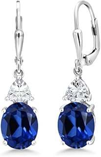 Gem Stone King 925 Sterling Silver Blue Created Sapphire Earrings | 6.60 Cttw | Oval 10X8MM | Trillion 5MM | Gemstone Birthstone | Drop Dangle Earrings For Women