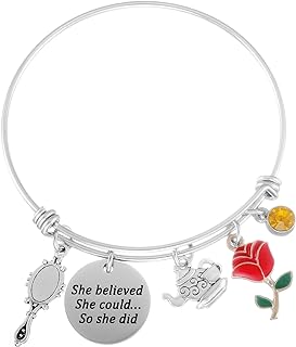 Box Chain Disney Beauty and The Beast Stainless Steel Bangle Bracelet for Women - 'She Believed She Could' Inspirational Quote Design