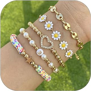 Gold Metal & Pearl Daisy Bead Bracelet for Women and Girls, Charming Gold Stackable Jewelry Accessory, Trendy & Preppy Boho Design