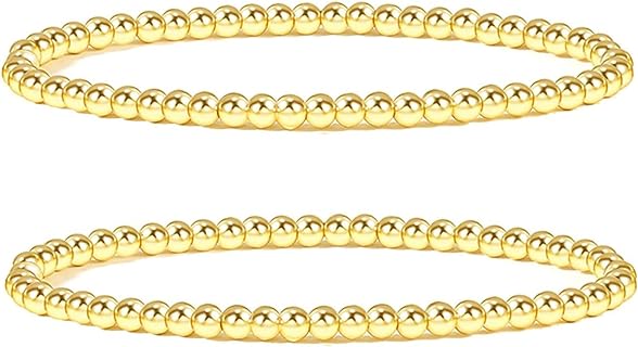 4mm 14K Gold Plated Beaded Bracelets with Rope/Cord/Bead Chain for Women, Stackable Design
