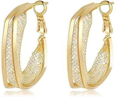 Elegant 18K Gold Plated Filigree Hoop Earrings with Cubic Zirconia for Women - Chunky Geometric Design