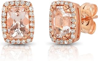KOKAV 14K Rose Gold 1Ct Cushion Genuine Morganite Diamond Stud Earrings
