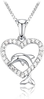 Lobster-Claw Clasp Dolphin Pendant Necklace - White Gold-Plated Brass Chain with Cubic Zirconia - For Mom/Sister/Niece - Heart Design Jewelry Gift for Women