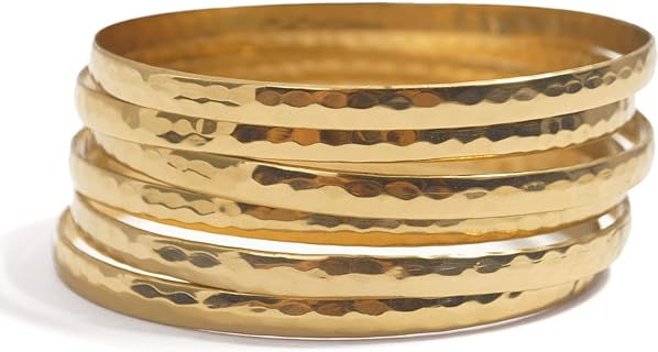 Chic Speckle (Set of 6) - Handmade Hammered Chunky Gold Bangle Bracelet for Women