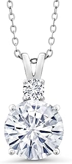Spring Ring Clasp White Lab-Grown Diamond & Moissanite Pendant Necklace, Sterling Silver Chain for Women, Round Design, 925 Quality