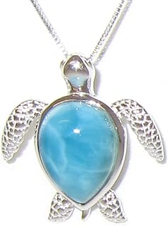 Sterling Silver Larimar Turtle Necklace Pendant with 18" Box Chain