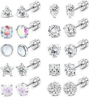Screwback Stainless Steel Stud Earrings- Cubic Zirconia, Opal & Moonstone for Women & Men - Various Designs in Round, Square, Heart, Star, Pear & Ball Shapes by Subiceto