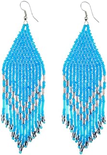 Luluping Long Beaded Tassel Earrings – Big Boho Native Handmade Bead Dangle Earrings for Women, Bohemian Large Statement Beaded Drop Fringe Earrings