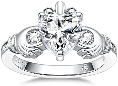 Elegant 18K White Gold Plated Moissanite Claddagh Wedding Ring with Heart Cut Design, Perfect Engagement or Anniversary Gift
