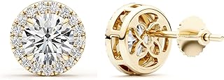 Screw-Back 2 Carat Moissanite & Lab Grown Diamond Stud Earrings for Women in 14k Yellow Gold - Round Cut Halo Design by GLAM AND GEMS
