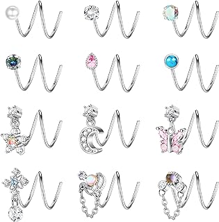 Stainless Steel Double Hoop Nose Ring Set with Push Back Closure, Spiral Snake, Flower & Moon Designs for Women by LOYALLOOK