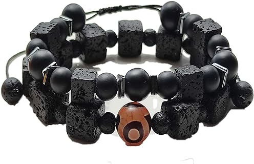 8MM/10MM Dzi Bead Bracelet with Bead Chain & Volcanic Rocks for Stress Relief & Balance - Adjustable/Elastic Design