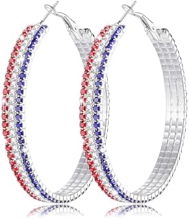 4th of July Earrings Sparkle Rhinestone Hoop Earrings Patriotic Red White and Blue Earrings Glitter Crystal Stainless Steel Hoop Earring for Women American Flag Jewelry Gift