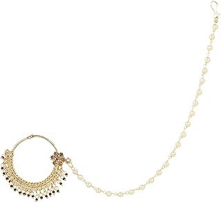 Gold-Plated Ethnic Bridal Nath Nose Ring with Pearl Chain & Encased Pearl Stone for Women & Girls - Alloy, No Piercing Required - Indian Wedding/Bollywood Style by I Jewels (NL64FL)