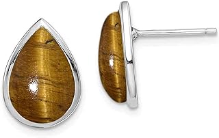 Push Back Smoky Quartz Stud Earrings - Natural Tiger Eye Jewellery for Women - Pear Shape Sterling Silver Studs