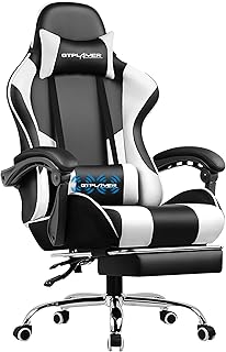 GTPLAYER Gamer Stuhl in Weiß mit Ergonomischem Design und Massage-Lendenkissen, Verstellbarer Kopfstütze, 22D x 20W x 51H Inch, Ideal für Längere Gaming-Sessions