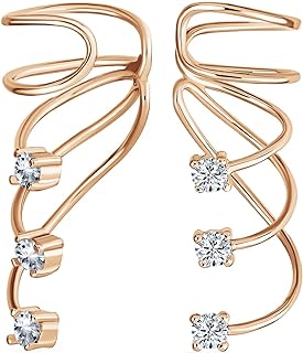 Solitaire Triple Spiral CZ Curved Crawlers Wire Cubic Zirconia Cartilage Ear Cuff Pin Earring For Women Teen Rose 14K Yellow Gold Plated .925 Sterling Silver