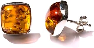 Secure Push-Back Amber Stud Earrings+ Amber+ For Women+ Square/Classic Elegance Design, Sterling Silver from Ian and Valeri Co