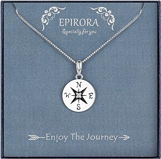 Sterling Silver Clasp Compass Pendant Necklace with Cubic Zirconia for Women and Girls with Cable Chain - Inspirational Travel Gift in Elegant Gift Box