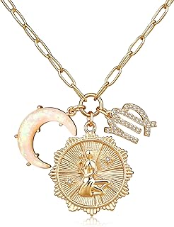 Lobster-Clasp, Zodiac & Crescent Opal Moon Pendant Paperclip Chain Necklace for Stylish Women and Trendy Girls with Brass Gemstone