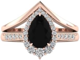 3 CT Art Deco Black Onyx Engagement Ring Set Black Stone Chevron Ring Black Engagement Ring Pear Shaped Ring Black Diamond Bridal Wedding Ring