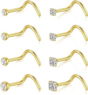 MODRSA Nose Studs 20g 18g Nose Rings Studs Nose Stud L Shaped Surgical Stainless Steel Diamond Small Nose Stud for Women Men Corkscrew Nose Rings Nose Piercing Studs Screw