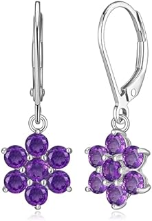 MORGAN & PAIGE .925 Sterling Silver Gemstone Birthstone Flower Cluster Leverback Dangle Drop Earrings for Women - Hypoallergenic Jewelry