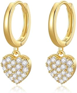 14K Gold-Plated Heart Dangle Hoop Earrings with Cubic Zirconia for Women and Girls, Lightweight Snap-Back Huggies Design - Hypoallergenic Brass and Copper Material