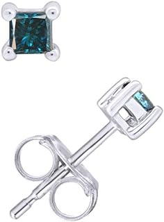 Princess Cut Blue Natural Diamond 1/5 Cttw - 1/3 Cttw Solitaire Stud Earrings For Women Men 14k Gold Push clutch & Sterling Silver