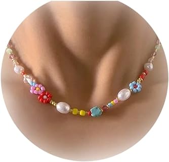Bohemian Colorful Beaded Choker Necklace for Women Summer Necklace Boho Turquoise Dainty Beads Flower Surfer Necklace Hawaiian Handmade Beach Beads Necklace Chain Jewelry for Women Girls