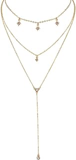 YangQian Women's Cubic Zirconia Star Pendant Choker Necklace in Gold with Layered Dangle Long Chain Design