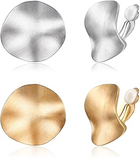 BriLove Matte Gold & Silver Geometric Clip-On Earrings Set - Retro-Design Drop Earrings in Base Metal - 2-3 Pairs for Women and Girls