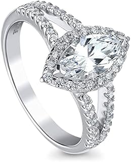 BERRICLE Sterling Silver Marquise-Cut Cubic Zirconia Halo Engagement Ring with Rhodium Plating, Split Shank Design, Size 4-10