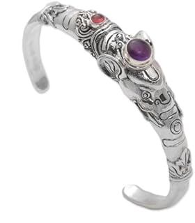 NOVICA Artisan Amethyst and Garnet Cuff Bracelet Tapir from Indonesia Sterling Silver Purple Red Birthstone [5.75 in L (end to End) x 0.6 in W] ' Tapir Tale'