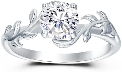Gift For Women - Brilliant 1.01 Carat Round Cut Moissanite Rings - Leaf Shaped Platinum Plated 925 Silver Ring - Art Deco Engagement Rings For Women - Vines Style Promise Rings For Her