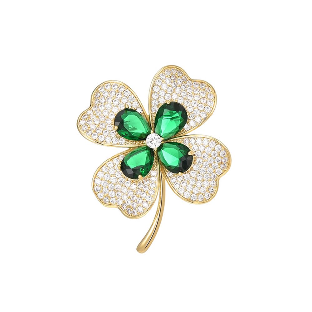 Delicate Rhinestone Clover Leaf Brooch Pin for Women Men Gold Plated Fashion Green Crystal Flower Brooches Lapel Pins Lucky Shamrock Decor Dress Accessories St Patrick's Day Holiday Jewelry Gift