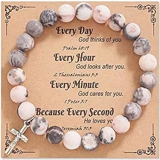 Christian Cross Charm Bracelet Natural Stone Bracelet Amethyst Bracelet Crystal Beaded Bracelet Adjustable Stretch Bracelet Inspirational Gifts Religious Gifts for Men