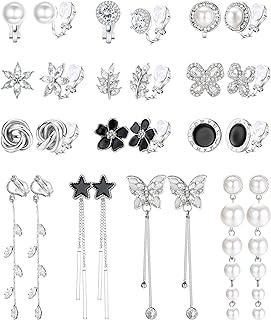 Sanfenly 13 Pairs Clip On Earrings for Women Gold/Silver Non Pierced Clip On Stud Earrings Clip Dangle Earrings Rhinestone Simulated Pearl Butterfly Flower Star Knot Hypoallergenic Clip Earrings Set