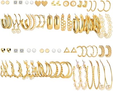 Fashionable Chain Drop Earrings with Butterfly-Back Clasp for Women - Pearlescent Link Stud and Dangle Design - FAXHION 36 Pair Gold Earring Set