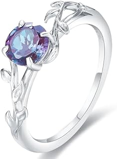 Solitaire Green 1 Carat Alexandrite Stone Leaf Silver Ring Vines Style 6mm Purple Alexandrite Engagement Rings for Women 925 Sterling Silver June Birthstone Ring for Mom Vintage Genuine Gemstone Promise Ring for Her