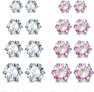 JEWELRIESHOP Black Stud Earrings Set with Cubic Zirconia for Women - Silver & Stainless Steel & Hypoallergenic - Ideal Gift for Style Enthusiasts (Set of 5 Pairs)