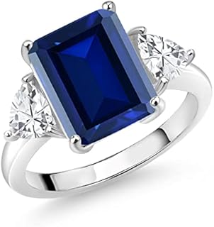 Gem Stone King 925 Sterling Silver Blue Created Sapphire 3 Stone Engagement Ring For Women (5.54 Cttw, Emerald Cut 12X10MM, Trillion 5MM, Available In Size 5, 6, 7, 8, 9)