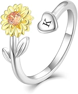925 Sterling Silver Adjustable Sunflower Initial Ring with Cubic Zirconia for Women, Alphabet A-Z Stacker Ring, Size 7
