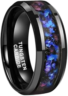 8mm Silver/Black Tungsten Rings for Men Women Orion Nebula Opal Galaxy and Gold Foils Inlay Engagement Wedding Promise Band Beveled Edges Polished Shiny Comfort Fit