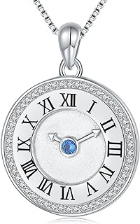 Roman Numeral Cubic Zirconia Pendant Necklace in 925 Sterling Silver with Rolo Chain and Lobster Clasp for Women and Girls - Round Clock Design