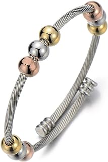 COOLSTEELANDBEYOND Elastic Adjustable Stainless Steel Silver Gold Beads Bangle Cuff Bracelet for Women and