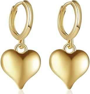 Puffy Gold Heart Hoop Earrings with Hinged Back for Women, Heart Design | Yellow Gold Plated Brass, Hypoallergenic 925 Sterling Silver Post