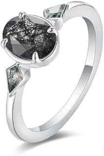 Women's Wedding Black Rutilated Quartz Ring 1.5CT Oval Black Engagement Rings 925 Sterling Silver
